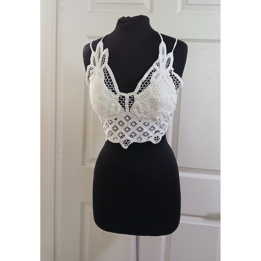 Scalloped Lace Bralette Top Sz Lg Strtch Criss Cross Straps Nylon Ellastine